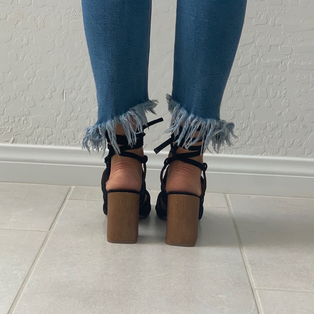 Black Chunky Heel Lace Up Gladiator Sandal - Picture 7 of 8
